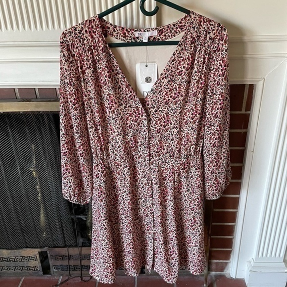 NWT Dr2 Daniel Rainn Dress Lined Floral Tan Red Pink Button Closure